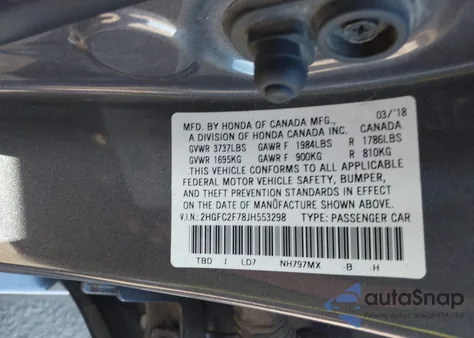 2018 Honda Civic Ex from USA, damaged, VIN 2HGFC2F78JH553298